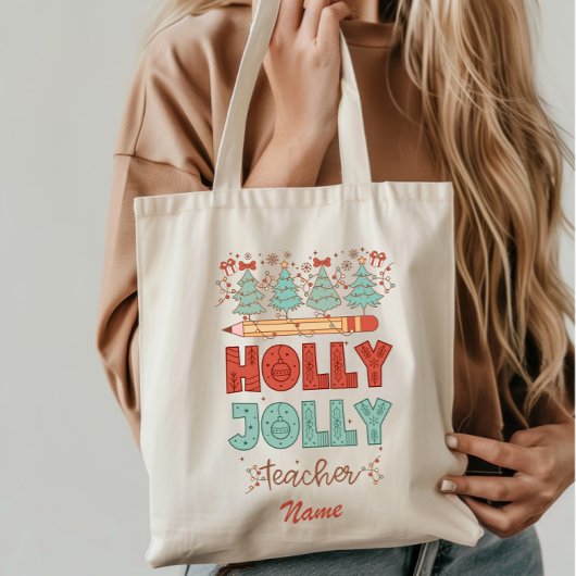 Holly Jolly Teacher Christmas Canvas tas
