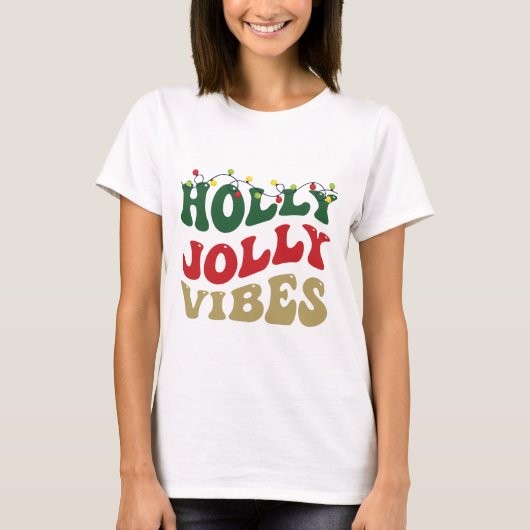 Holly Jolly Vibes Groovy Kerstfeest Wit T-shirt (Voorkant)