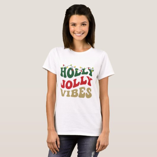 Holly Jolly Vibes Groovy Kerstfeest Wit T-shirt (Voorkant volledig)