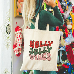 Holly Jolly Vibes   Groovy Retro Christmas Tote Bag