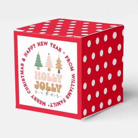 Holly Jolly Vibes, Kerst Retro Red Script stippen Bedankdoosjes (Voorkant Zijde)