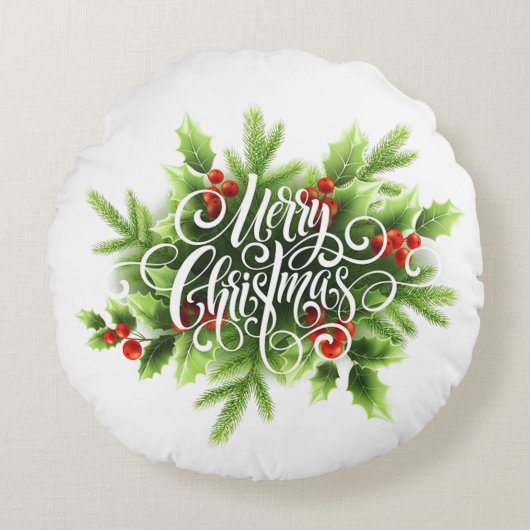 Holly Joyeux Noël Coussin Rond (Devant)