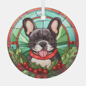 Holly krans zwart wit franse buldog glas ornament (Voorkant)
