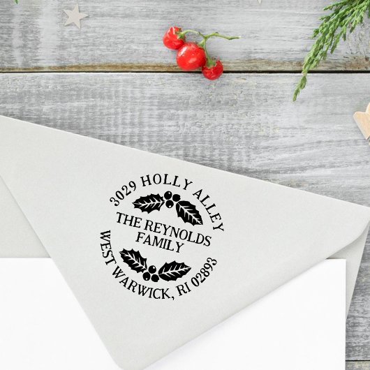 Holly Leaves & Berries Christmas Return Address Rubberstempel