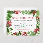 Holly Leaves | Berry Holiday Party Bewaar de datum Aankondigingskaart (Voorkant / Achterkant)