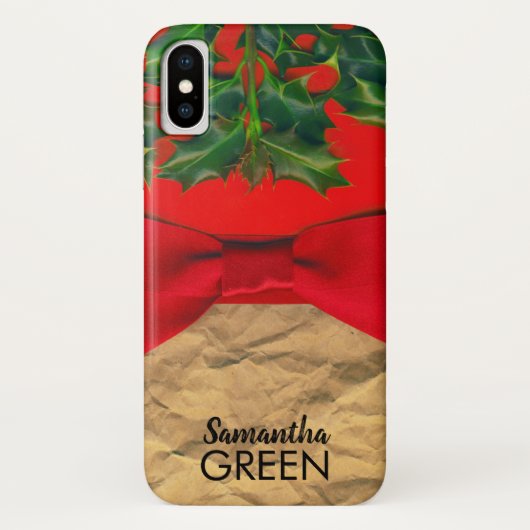 Holly Leaves en Red Bow Monogram Case-Mate iPhone Case (Achterkant)