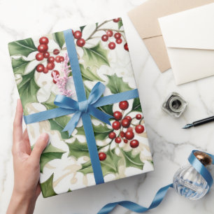 Holly Leaves en Rode bessen Cadeaupapier