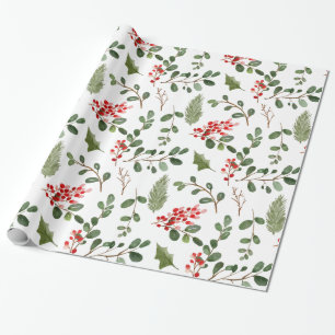 Holly Leaves Red Berry Holiday Waterverf Patroon Cadeaupapier