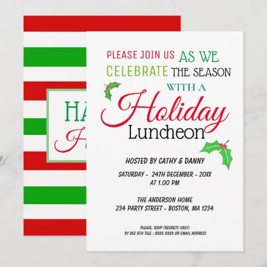 Holly Leaves Santa Luncheon Invitation Kaart (Voorkant / Achterkant)