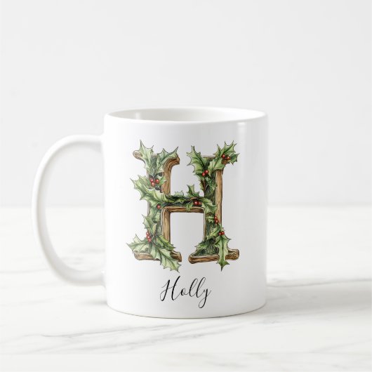 Holly Letter H Personalized Christmas Coffee Mug (Gauche)