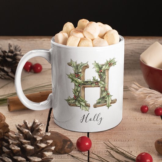 Holly Letter H Personalized Christmas Coffee Mug
