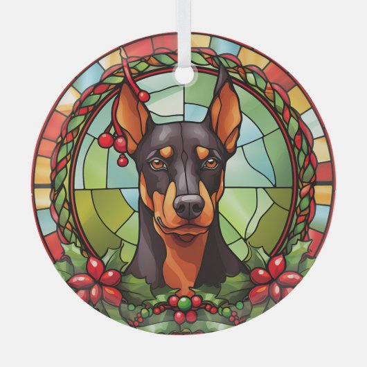 Holly Lijst Doberman Pinscher Hondenkerst Glas Ornament (Voorkant)