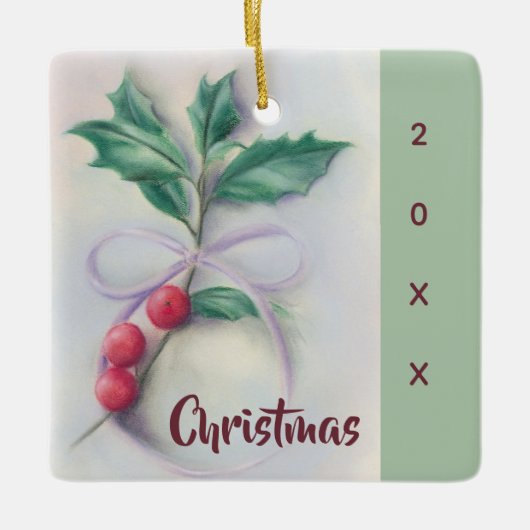 Holly met kerstmis met Bow Pastel Keramisch Ornament (Voorkant)