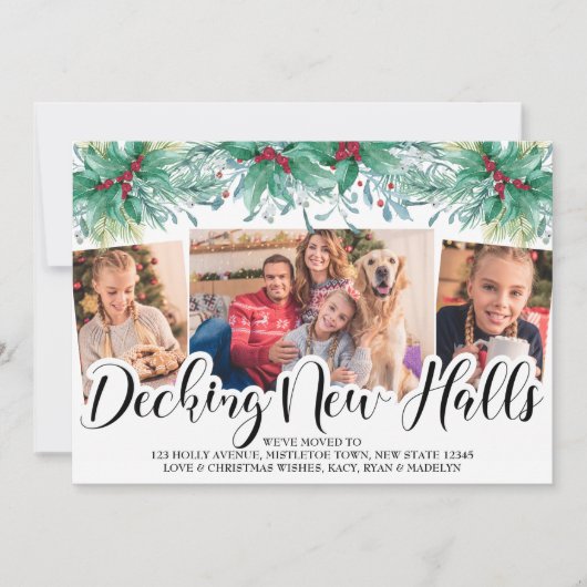 Holly Mistletoe 3 Photo Decing New Halls Script Feestdagenkaart (Voorkant)