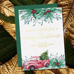 Holly Mistletoe and KerstRed Truck Gold Folie Feestdagenkaart
