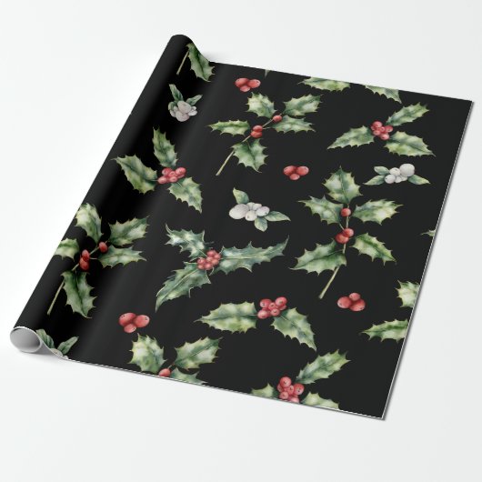 Holly Mistletoe Pattern Cadeaupapier (Uitgerold)