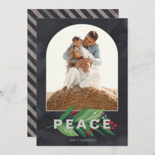 Holly Modern Arch Navy Stripes Custom Photo Holida Feestdagenkaart (Voorkant / Achterkant)