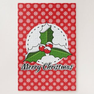 Holly op Red White Snowflakes Pattern - Merry Xmas Legpuzzel