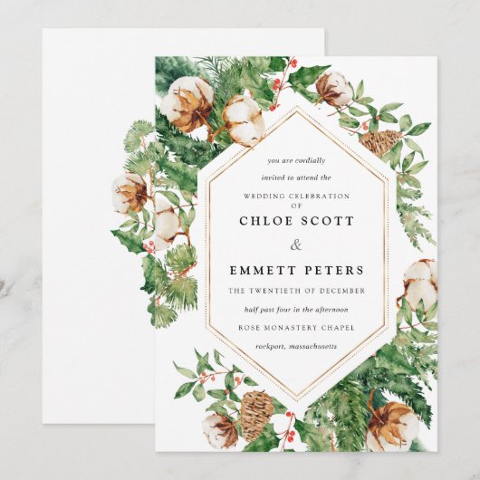 Holly Pine Blanc Floral Hiver Mariage Invitation (Devant / Derrière)