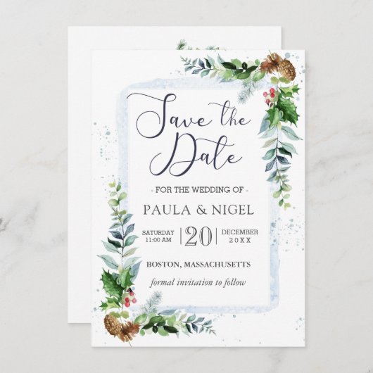 Holly Pine Cones Greenery Foliage Save the Date Kaart (Voorkant / Achterkant)