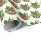 Holly Pine Tree Woodland Xmas Schattigee waterverf Cadeaupapier (Rol Hoek)