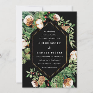 Holly Pine White Floral Winter Wedding Invitation Kaart