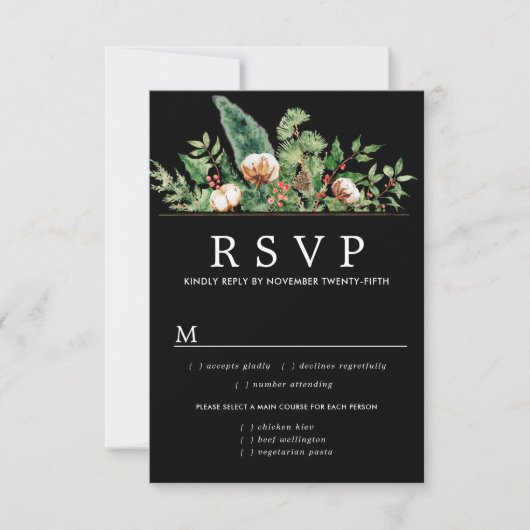 Holly Pine Winter Wedding RSVP maaltijdopties (Voorkant)