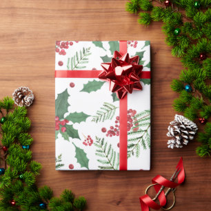 Holly Red Berries Greenery Holiday Kerstmis Cadeaupapier
