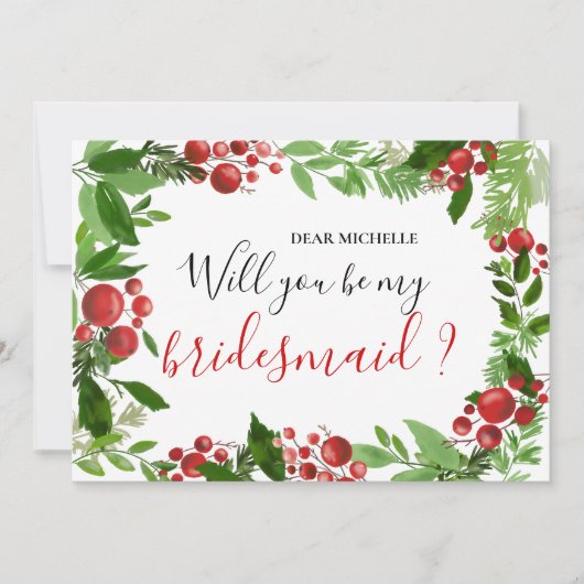 Holly Red Berry kerst Modern | Bridesmaid Kaart (Voorkant)