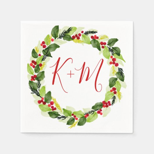 Holly Red Berry kerstbruiloft Monogram Servet (Voorkant)