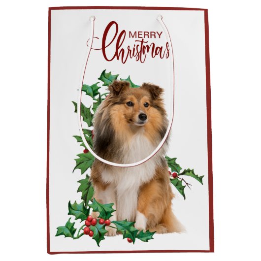 Holly Red Berry Shetland Sheepdog Kerstmis Medium Cadeauzakje (Voorkant)