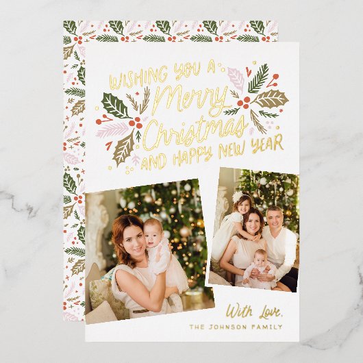  Holly Tilted Snapshot 2 Kerstmis Folie Feestdagenkaart (Voorkant / Achterkant)