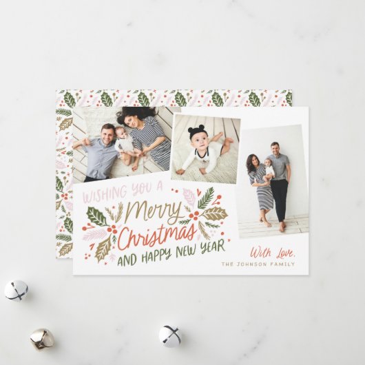  Holly Tilted Snapshot Multi-Photo Feestdagenkaart (Voorkant / Achterkant in situ)