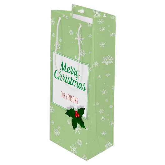 Holly Tree Berry Green Snowflakes Custom Kerstmis Wijn Cadeautas (Voorkant Gekanteld)