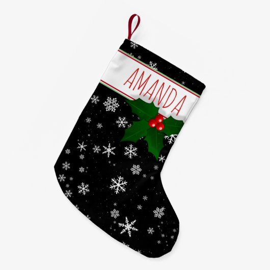Holly Tree Berry Snowflake Pattern Personalized Kleine Kerstsok (Voorkant (Hangend))