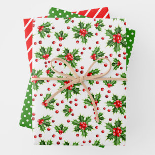 Holly Tree Leaves Bessen Polka Dots Patter Inpakpapier Vel