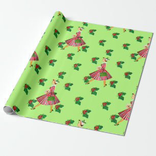 holly vintage kerstdame cadeaupapier