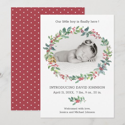 Holly Wreath Baby Boy Faire-part de naissance de v (Devant / Derrière)