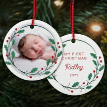 Holly Wreath Baby's First Christmas Round Photo