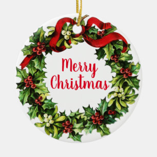 Holly Wreath en Calligrafie Keramisch Ornament