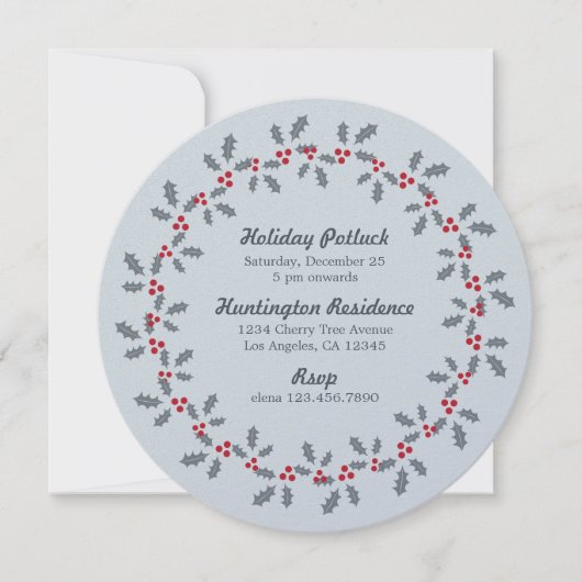 Holly Wreath Holiday Potluck Party Invitation Card (Devant)