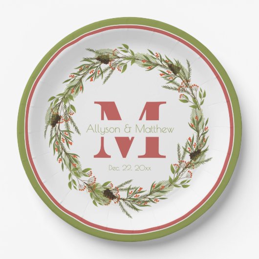 Holly Wreath Kerstmis | Vakantiemonogram  Papieren Bordje (Voorkant)