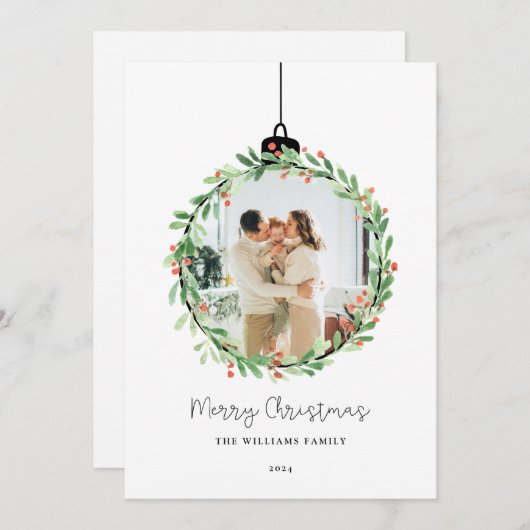 Holly Wreath Ornament Vrolijke Kerstfoto Feestdagenkaart (Voorkant / Achterkant)