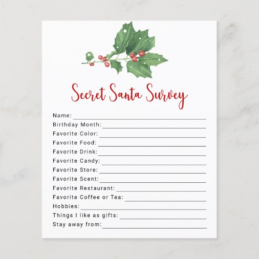 Holly Wreath Secret Santa Survey Flyer (Voorkant)