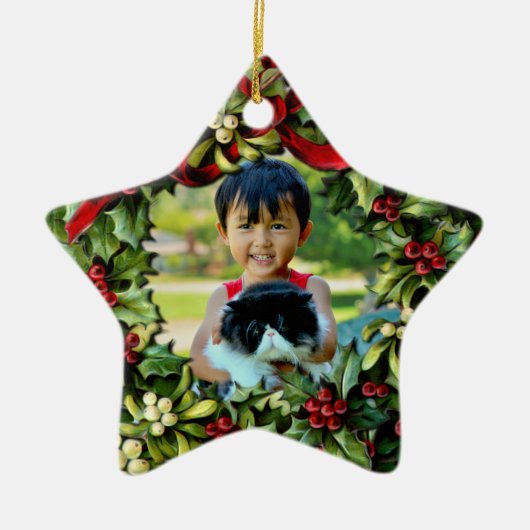 Holly Wreath Star Foto gepersonaliseerd Ornament (Voorkant)