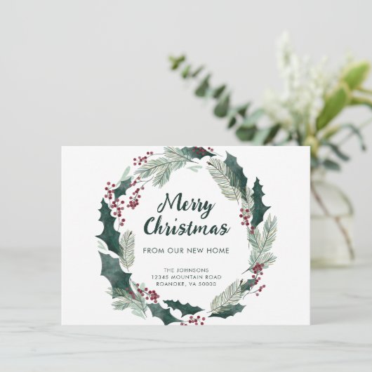 Holly Wreath Vrolijk Kerstfeest van New Home Aankondiging (Staand voorkant)