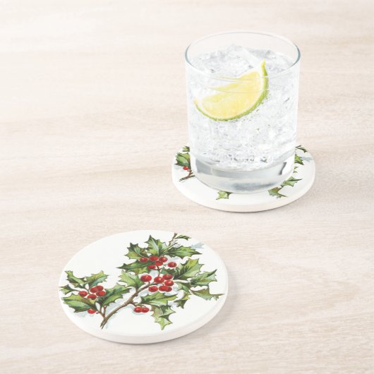 HollyBerries 001 Zandsteen Onderzetter (Zijkant)