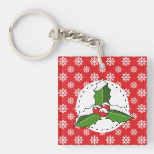 Hollybes op rode witte sneeuwvlokken patroon sleutelhanger