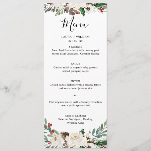 Hollybessen en bloemrijke kerstbruiloft diner menu (Voorkant)