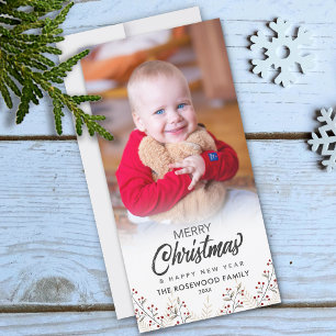 Hollybessen Vrolijk Kerstmis Nieuw Jaar Foto Feestdagenkaart